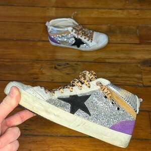 Golden Goose Mid Star Sequin Sneakers, Silver Glitter & Leopard